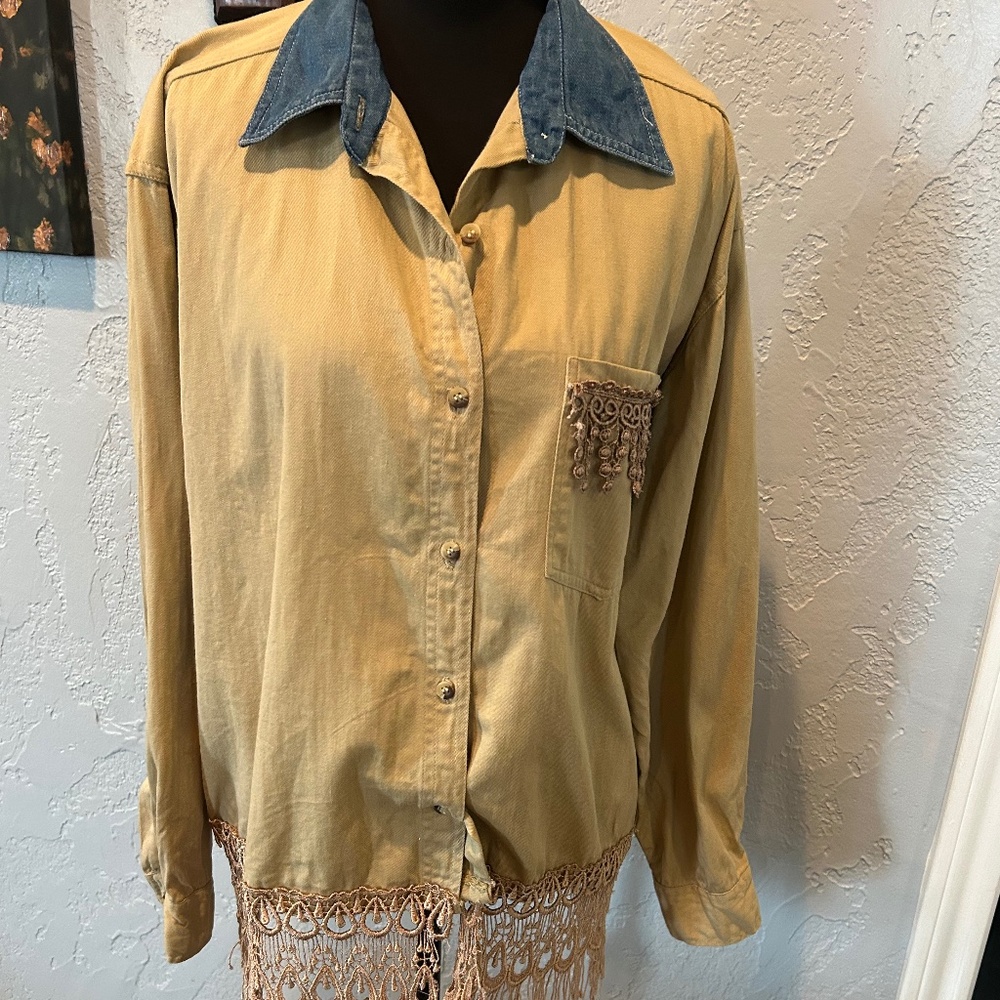 Vintage Haik's Western Button-Up Fringed Top for Women Size XL - Neutral tones